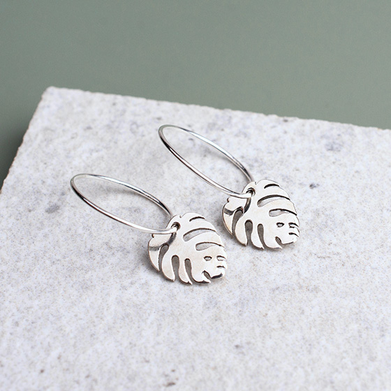 Sterling Silver Monstera Hoop Earrings.