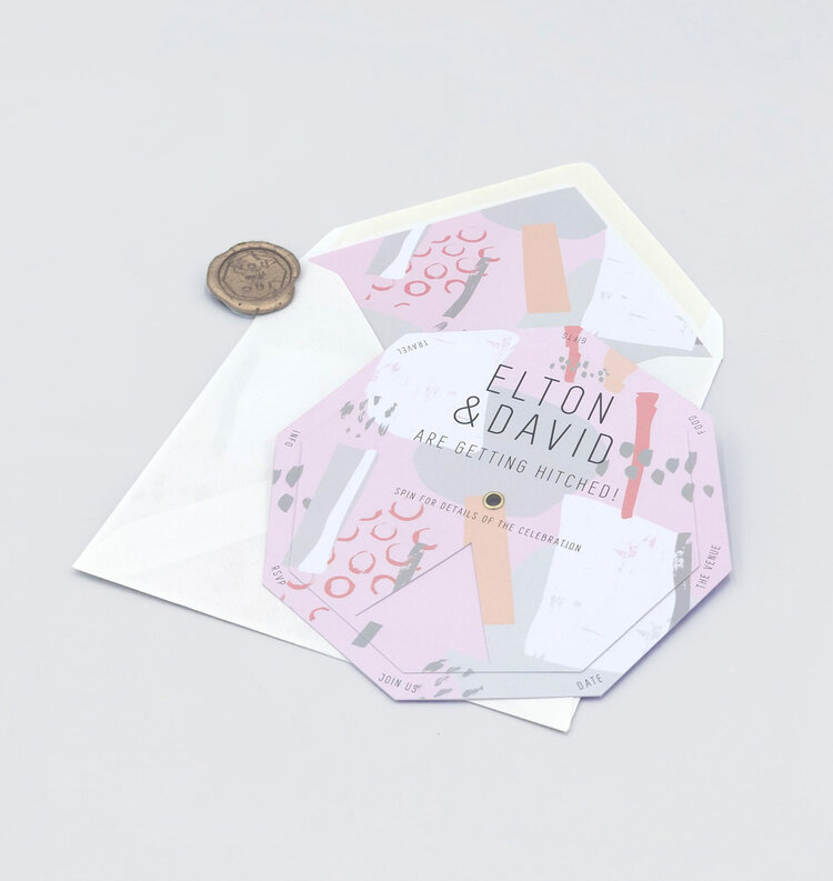 Geometric twisting wedding invitation, envelope liner and wax seals