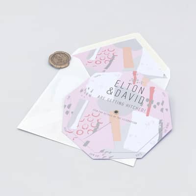 Geometric twisting wedding invitation, envelope liner and wax seals