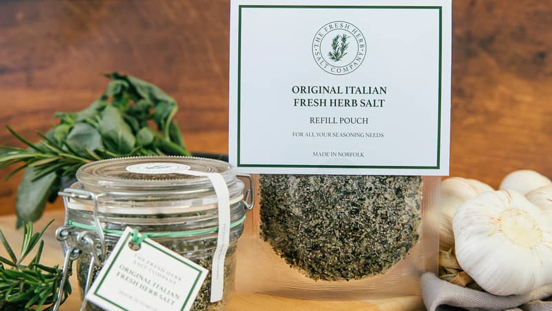 Fresh Herb Sea Salt seasoning - Gift under £10 in glass kiln clip jar & refill pack - Rosemary basil sage garlic bay marjoram & thyme