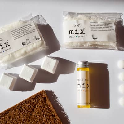 plastic free, zero waste eco cleaning kit in home compostable pouches on white background