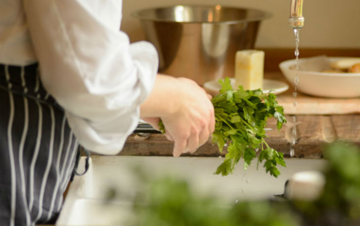 Gathering herbs from the potager.