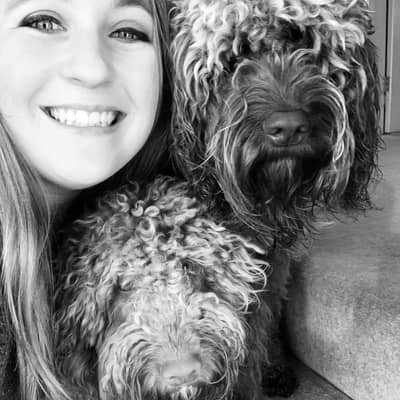 girl and two cockapoo dogs