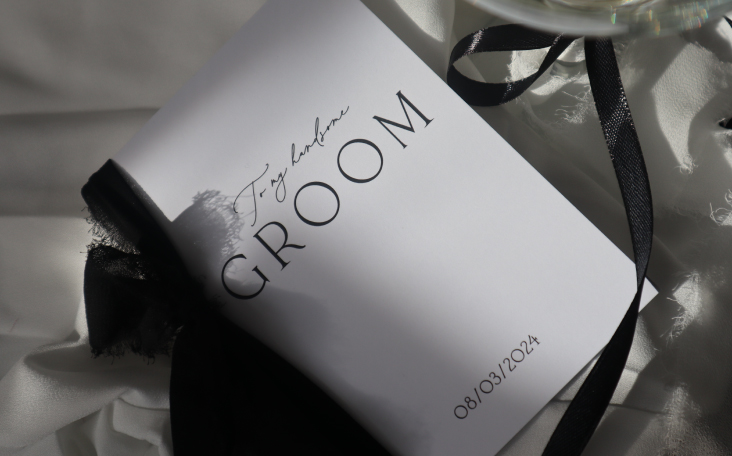 Luxury personalised Wedding day card to Groom with black chiffon ribbon