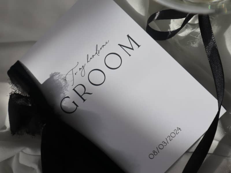 Luxury personalised Wedding day card to Groom with black chiffon ribbon