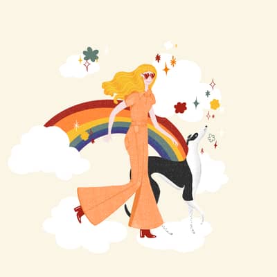 Illustration of the illustrator Bryony Moss and her retired Greyhound, Albert