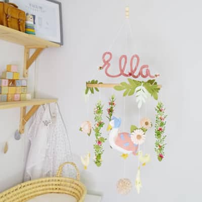 Handmade Jemima Puddle Duck Themed Children's Nursery Mobile. Faux Flowers, Leaves and Delicate Details