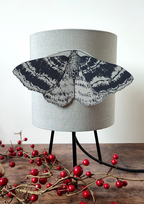 A small lamp with black metal tripod legs, and a large 3D moth on the front. The lamp sits on a wooden table with some artificial red berries on it.