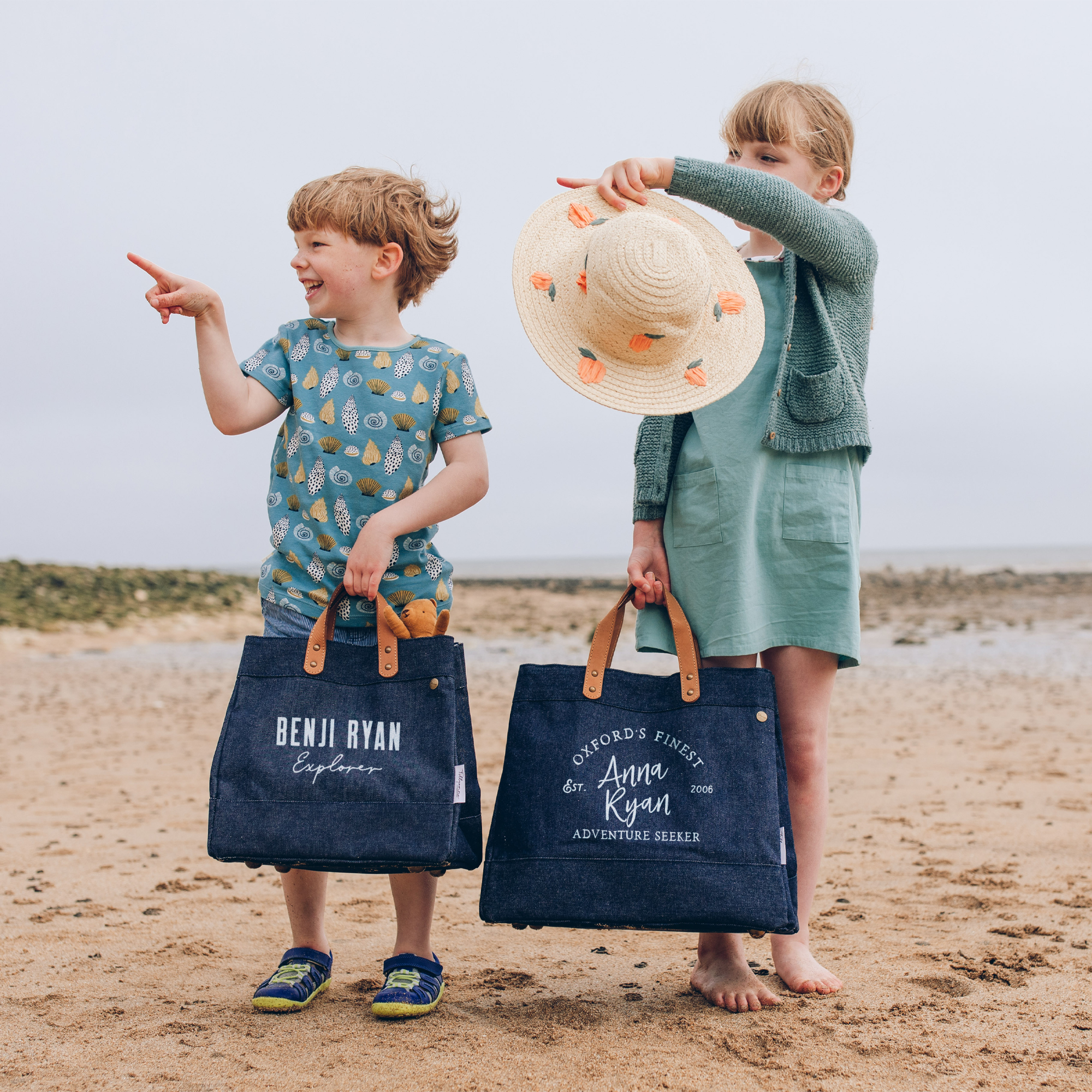 Denim bags with leather handles
