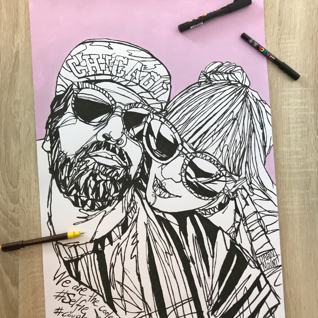 A2 Couple portrait - Pen & ink + acrylic background
