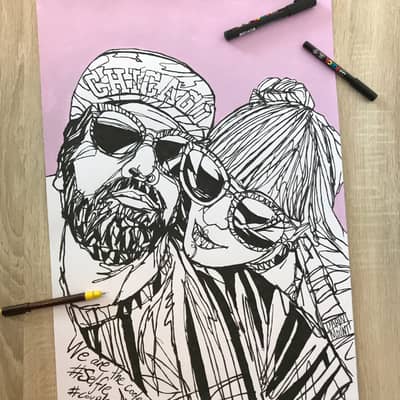 A2 Couple portrait - Pen & ink + acrylic background