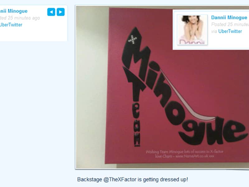 Dannii Minogue sharing her Name Art canvas at X Factor