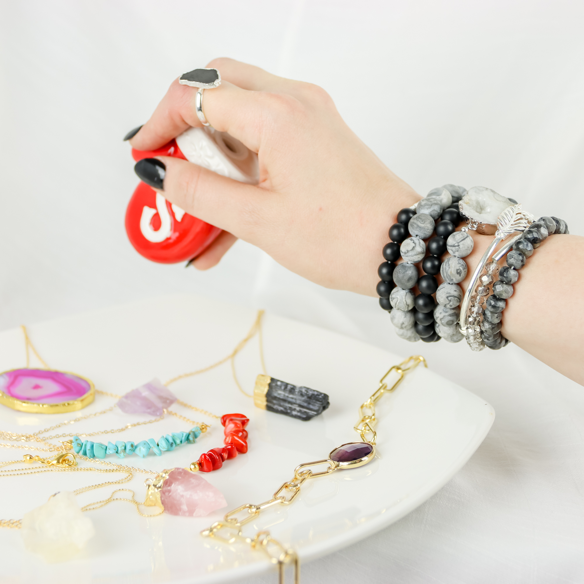 Black onyx multi-layered stacking bracelet, raw black tourmaline, amethyst gold plated choker necklace, raw black tourmaline silver ring