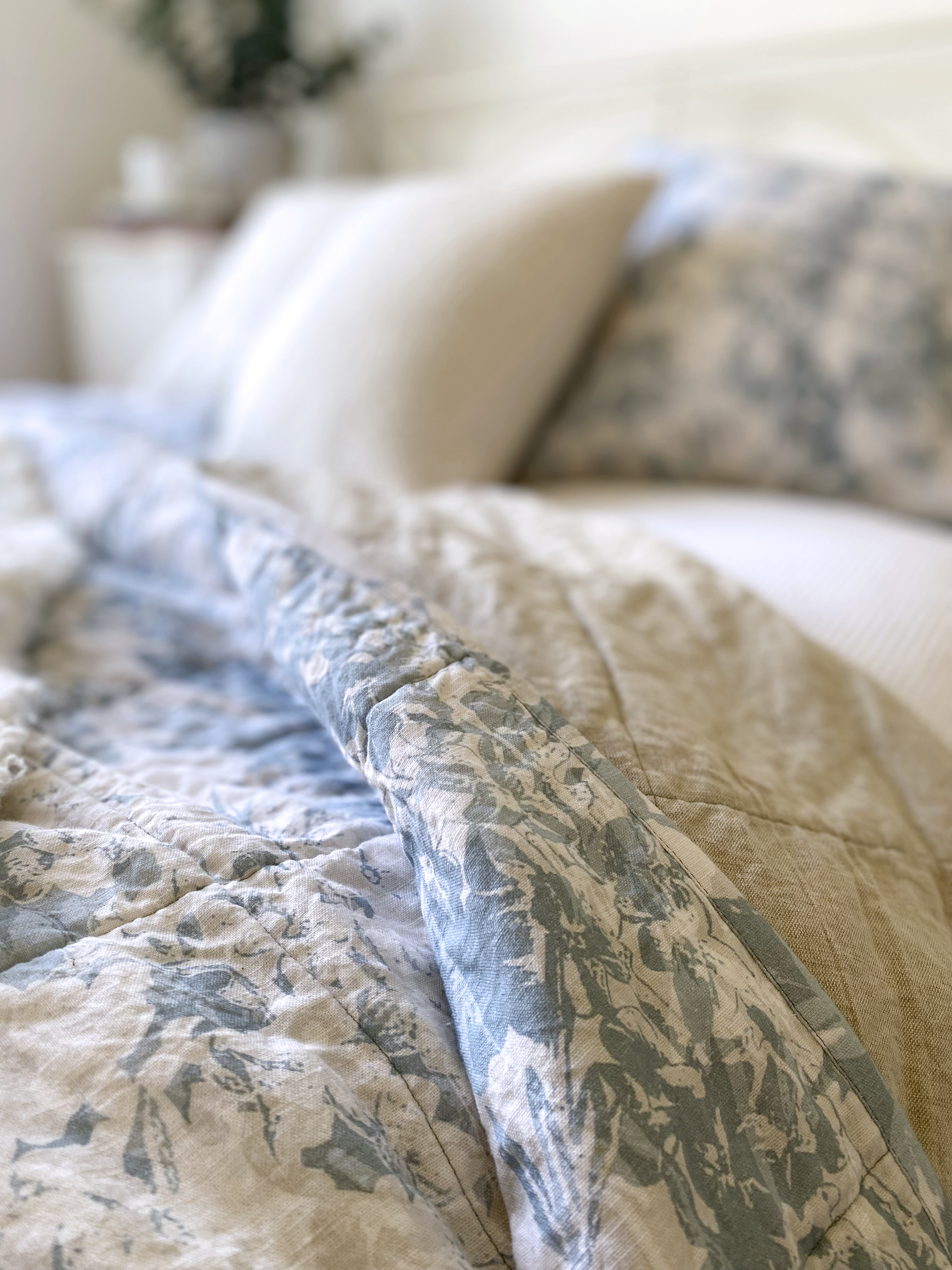 The Everly Quilted Hand Painted Floral Throw Blanket Quilt In Duck Egg Blue Sustainable Eco Friendly Linen Cotton