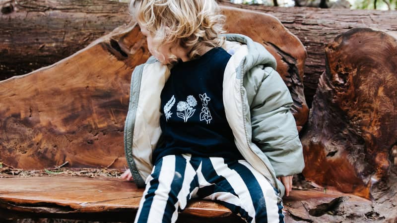 Little girl wearing a family birth month flower t shirt.