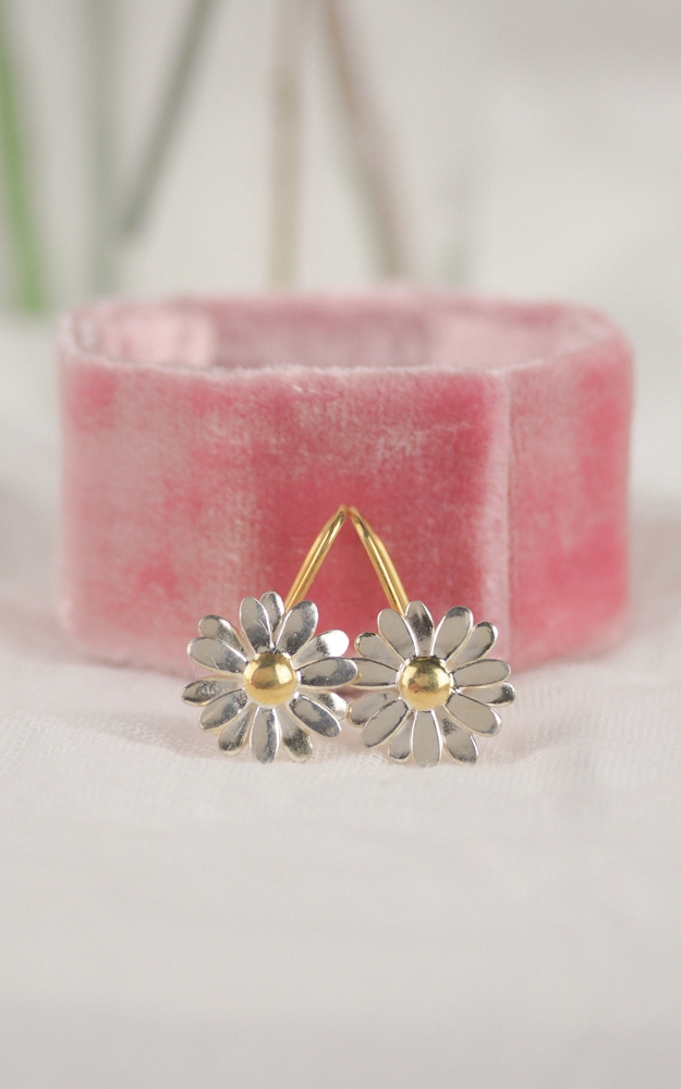 silver and gold daisy drop earrings