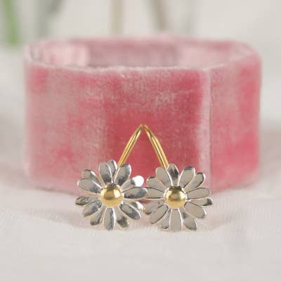 silver and gold daisy drop earrings