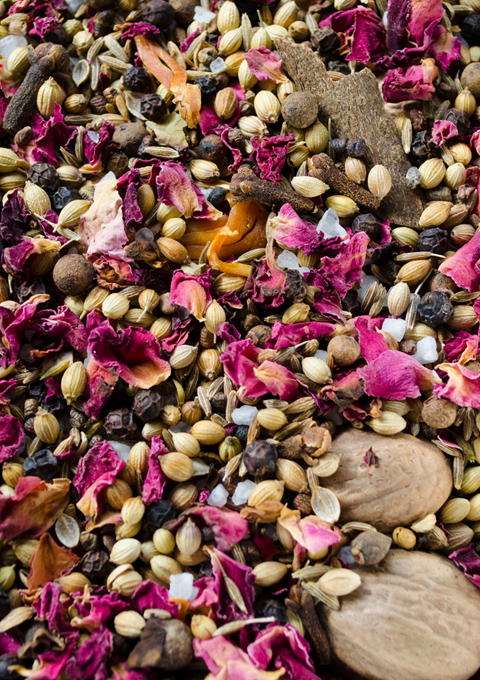 Fresh Whole Spices including rose petals and coriander