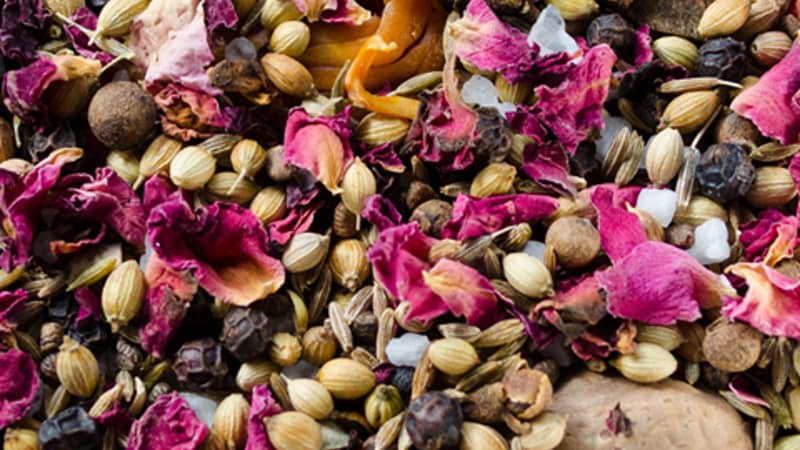 Fresh Whole Spices including rose petals and coriander