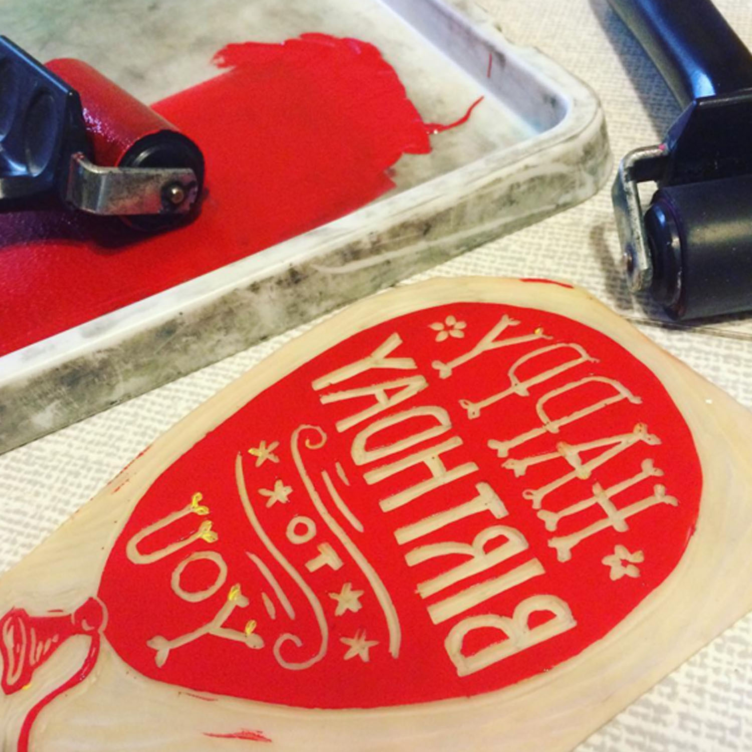 Inked up Lino block ready for Printing