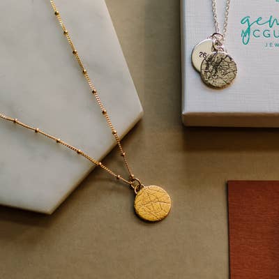 Personalised map jewellery in sterling silver & 18ct gold vermeil