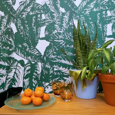 Screen printed tropical wallpaper by Katie Charleson