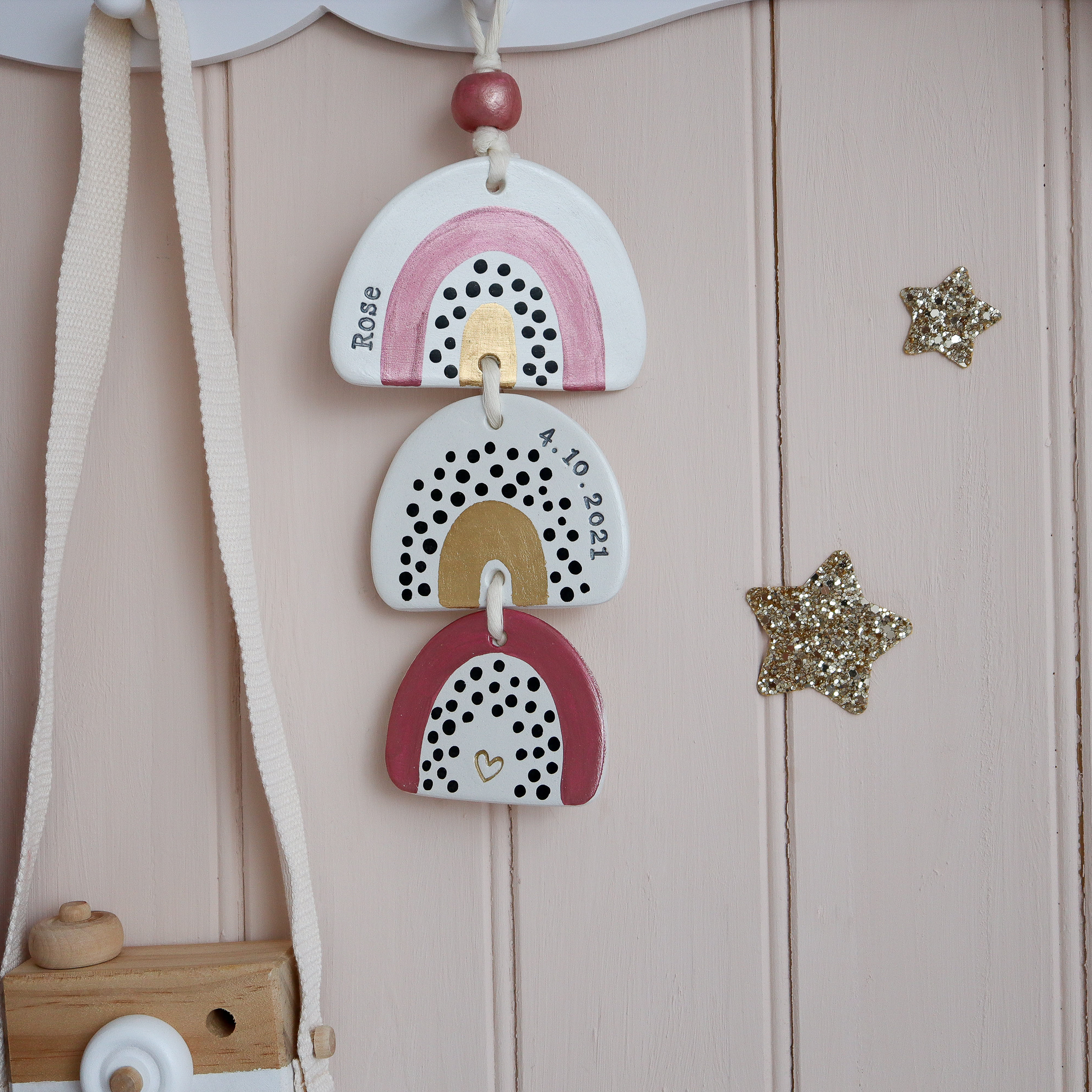 Rose gold and gold personalised triple rainbow wall hanging