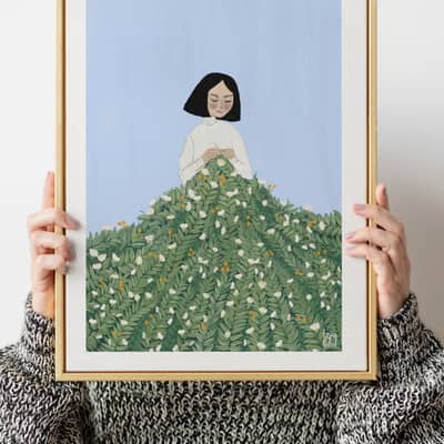 An Art print, illustration of A loving knitter works on a blanket of flowers.