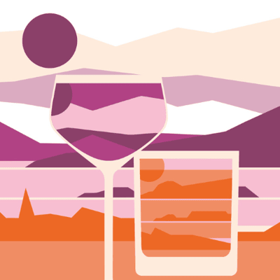 Abstract Bramble and Old Fashioned graphic with landscape background in orange and purple shades.