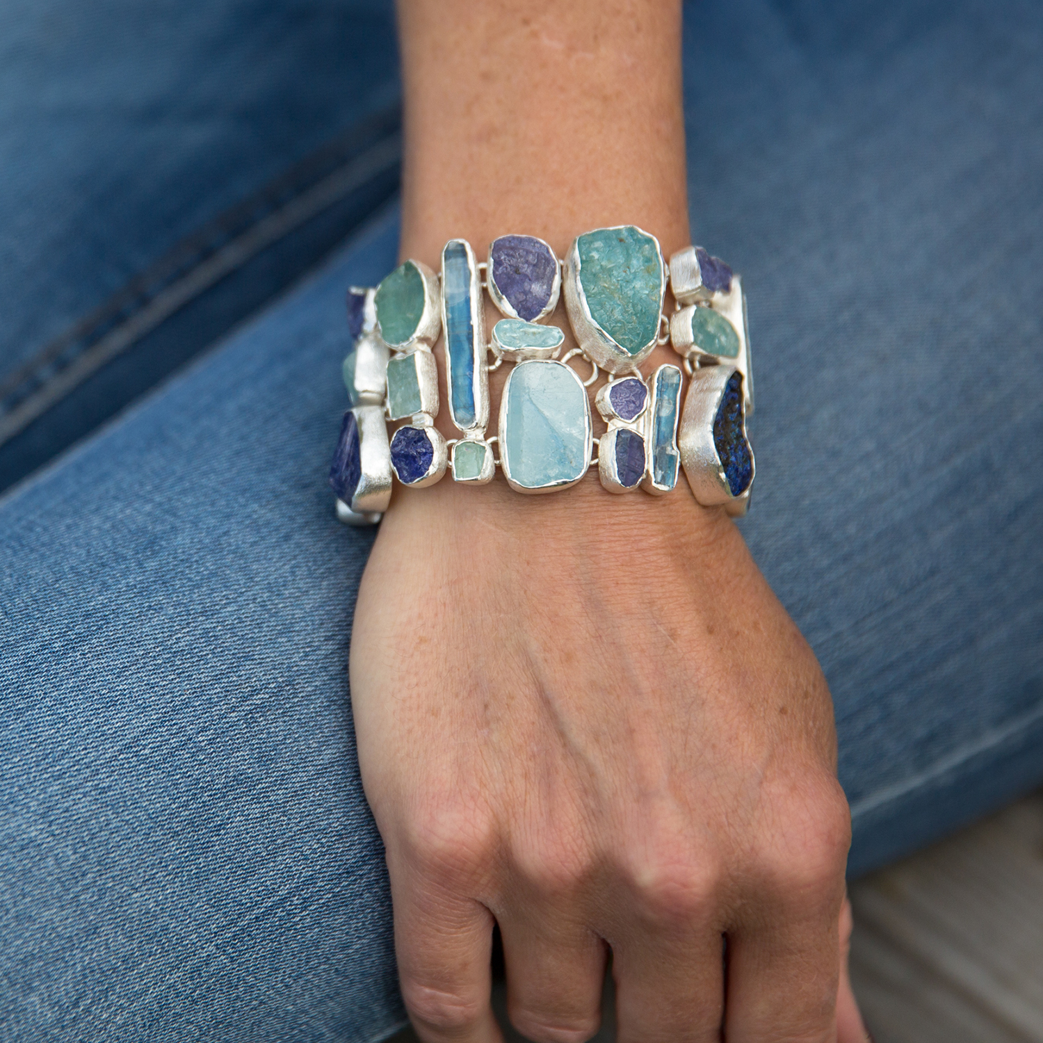 Aquamarine, Tanzanite And Kyanite Handmade Statement Ladies Bracelet