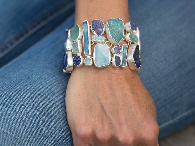 Aquamarine, Tanzanite And Kyanite Handmade Statement Ladies Bracelet