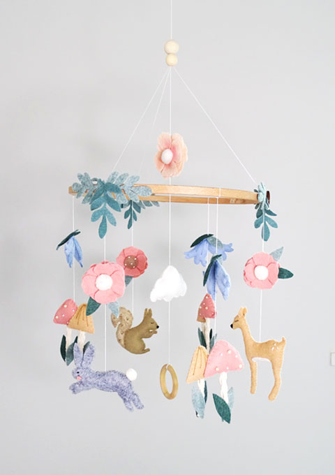 Handmade Woodland Themed Children's Nursery Mobile inspired by a Woodland Dunelm Wallpaper