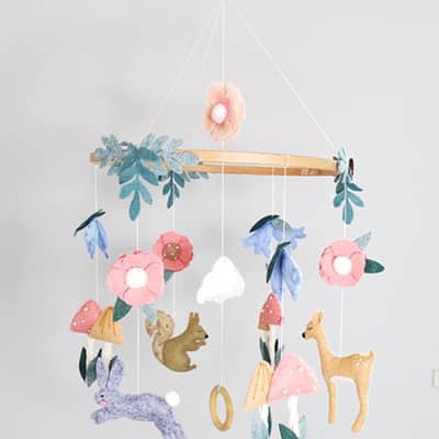 Handmade Woodland Themed Children's Nursery Mobile inspired by a Woodland Dunelm Wallpaper