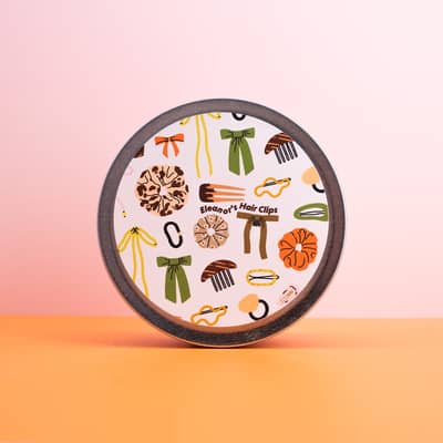 Fun illustrated hair clip tin, personalised with a name – ideal for storing accessories