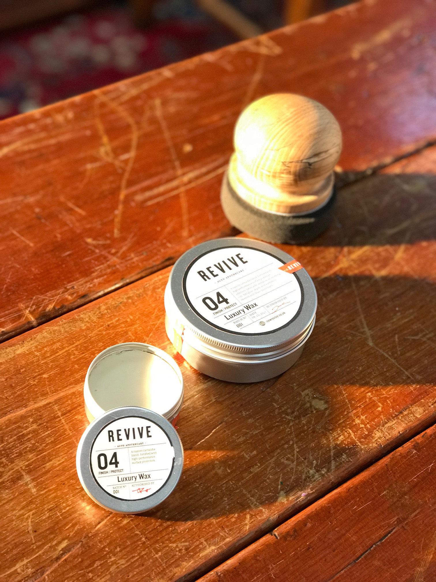REVIVE small-batch, made by hand carnauba wax and hand-made wood polishing puck