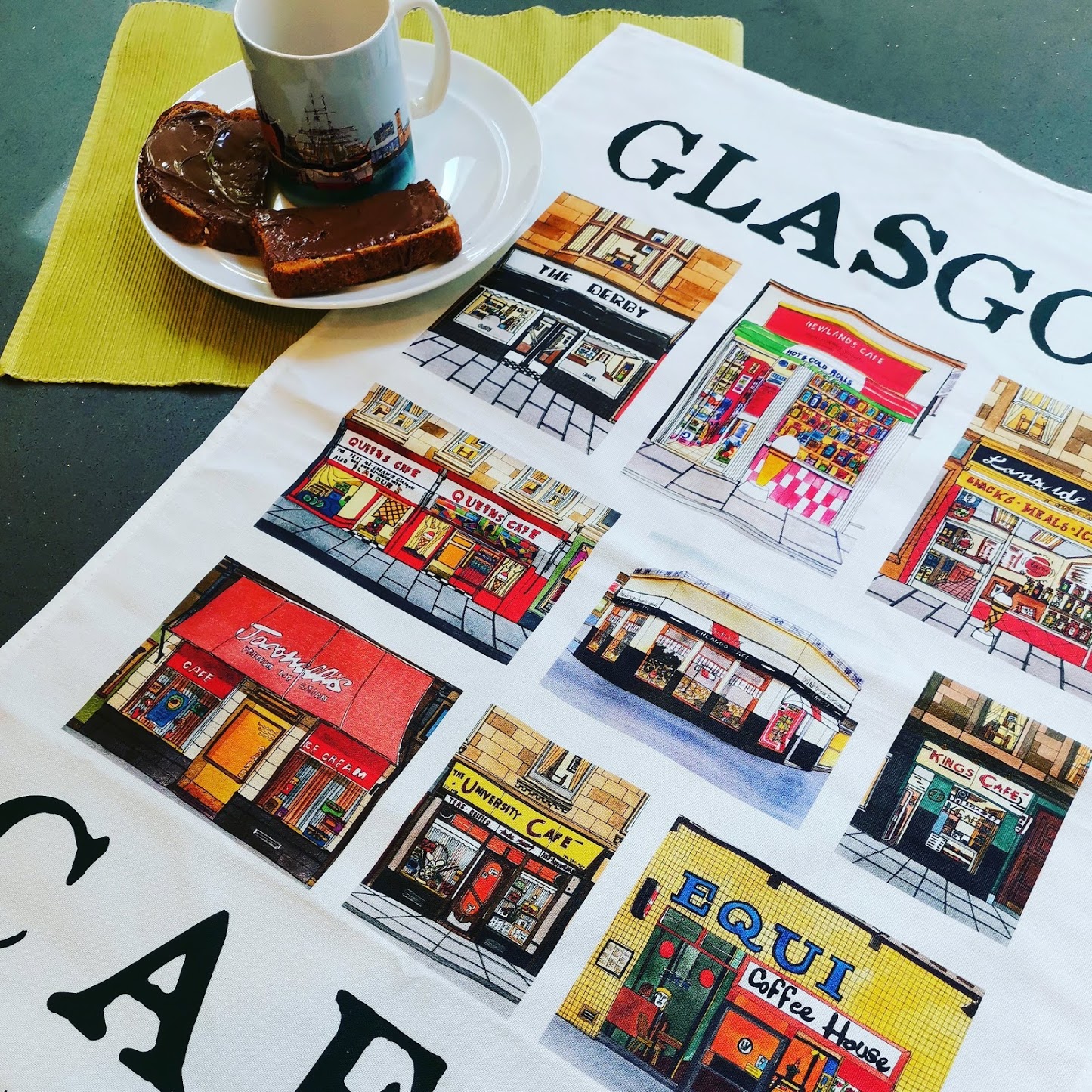 glasgow cafes tea towel