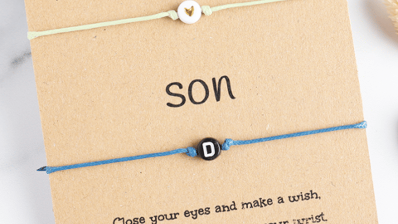 initial wish bracelets on a mum and son backing card
