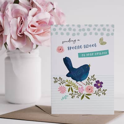 A pretty birthday card featuring a handprinted bluebird - available at Not on the High Street