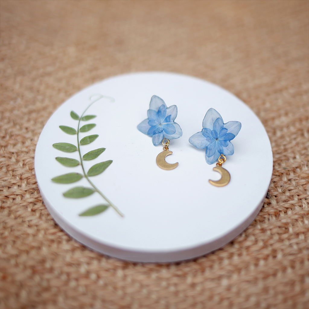Crescent Moon Blue Hydrangea Studs in Sterling Silver
