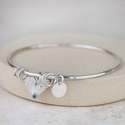 Sterling Silver Birthstone Heart Charm Bangle
