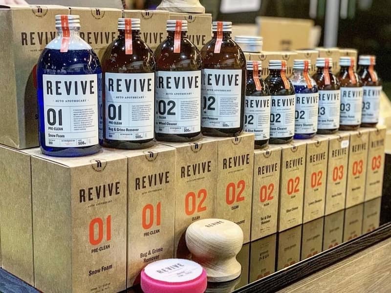 REVIVE car cleaning products including wood wax puck