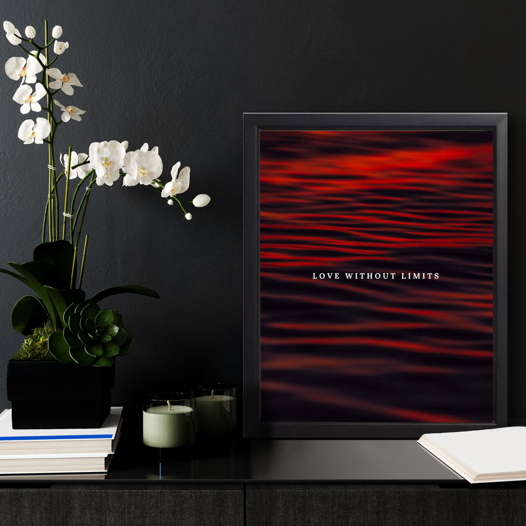 Red wall decor art print on dark background