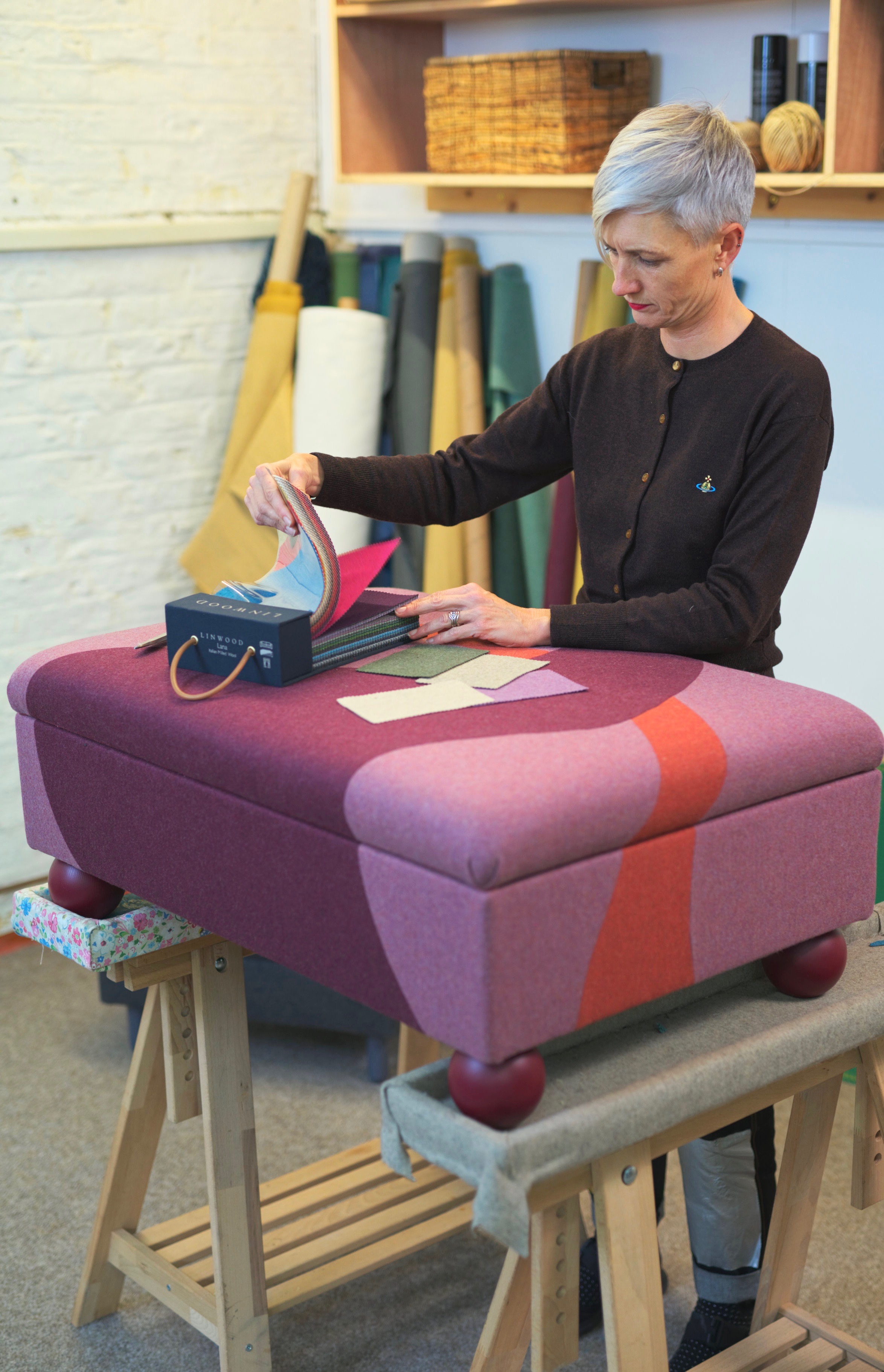 Sadie at Georgia footstool choosing colours