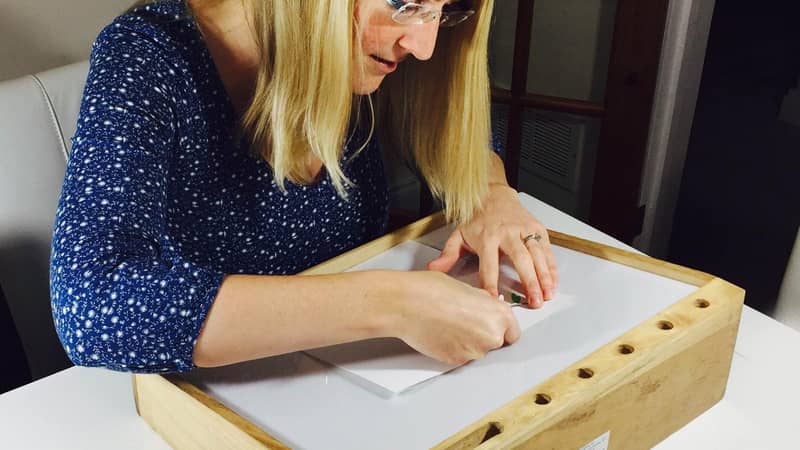 Erika gluing dragonflies onto the backing paper