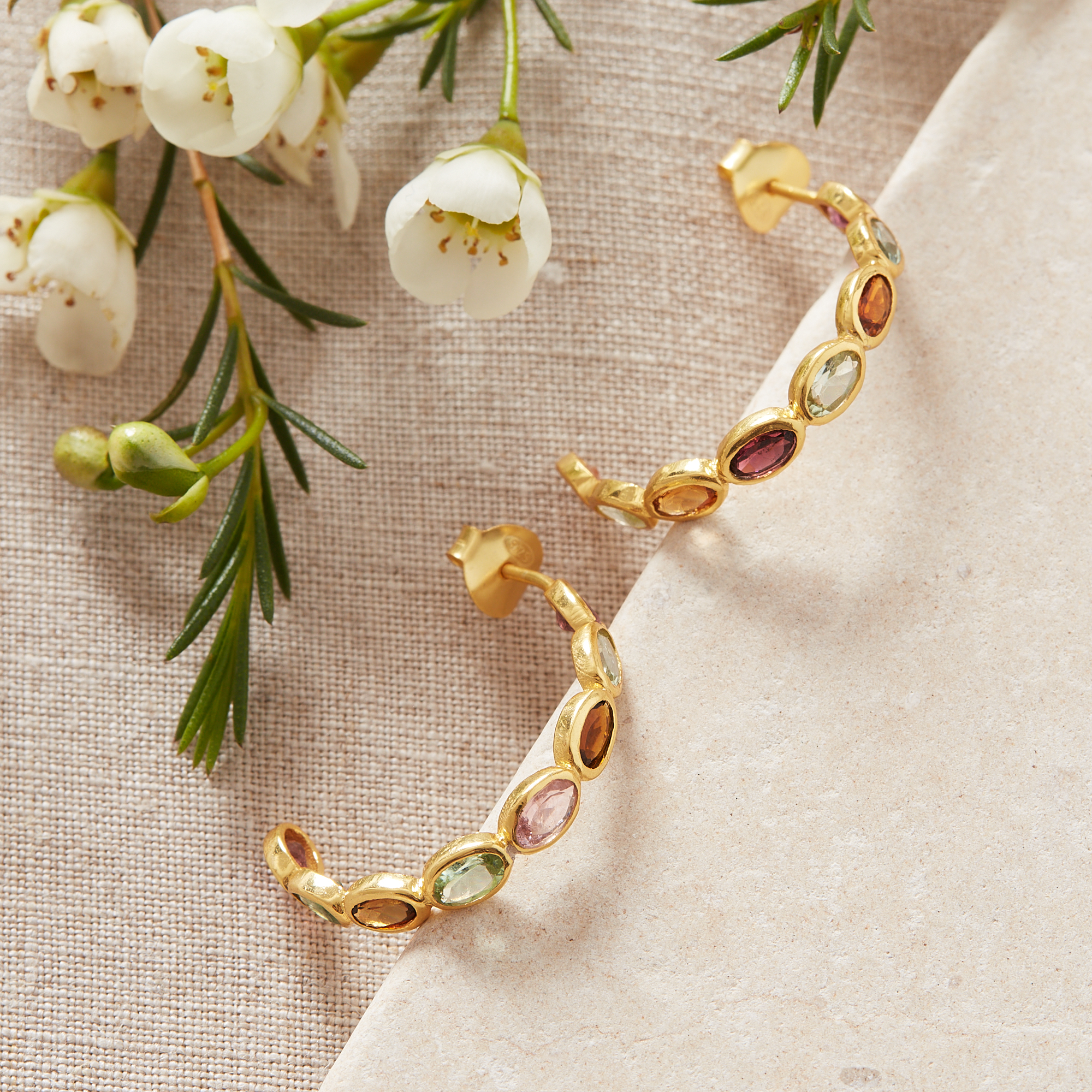 Multi Coloured Oval Tourmaline waterwheel Hoop Stud Earrings