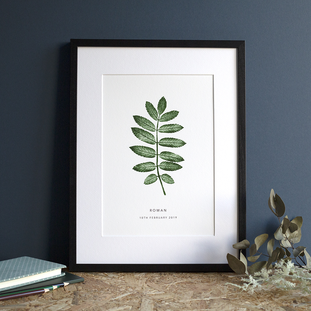 personalised Rowan leaf print in white mount and black frame.
