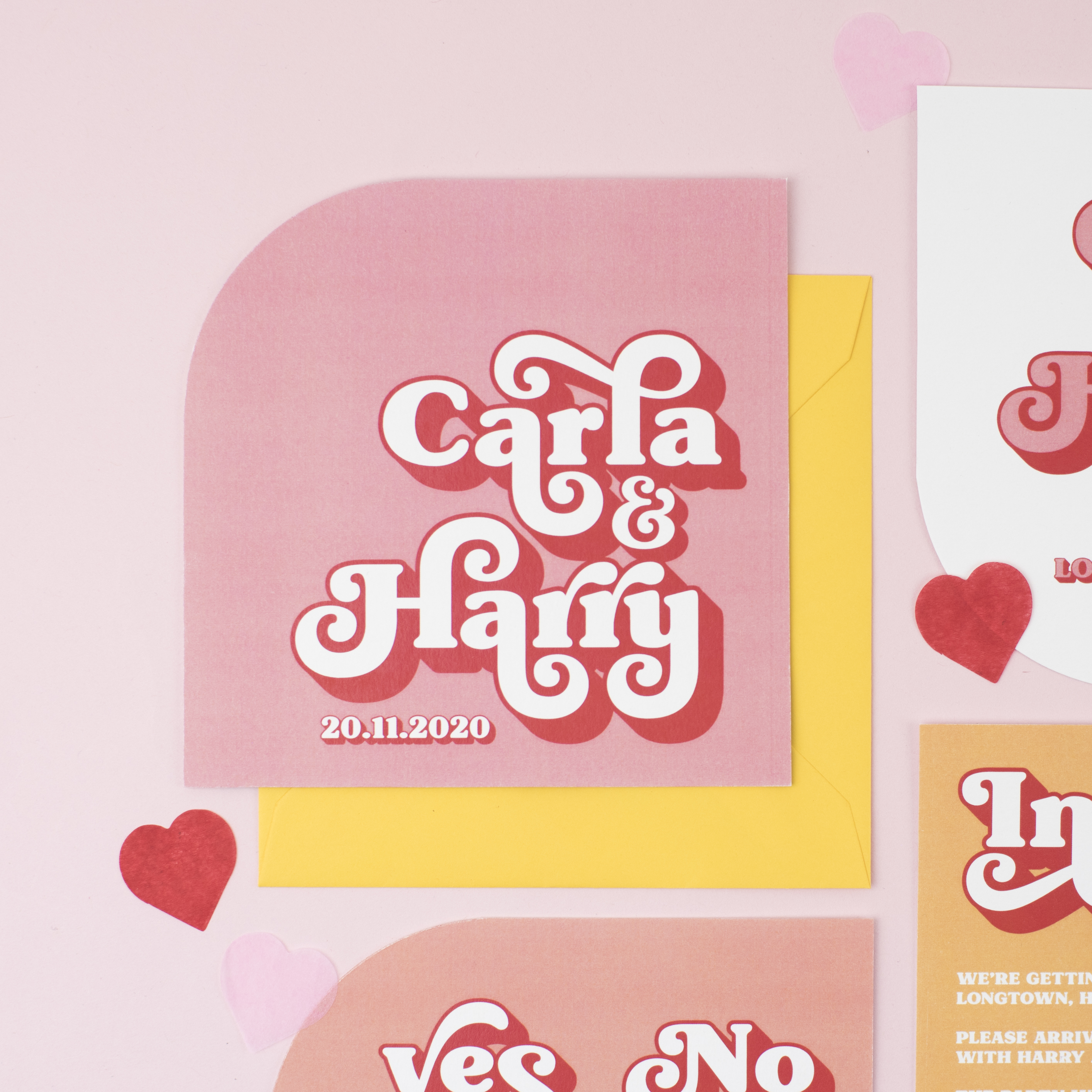 Modern wedding stationery invitation suite inspired by a retro disco style and pink colour scheme
