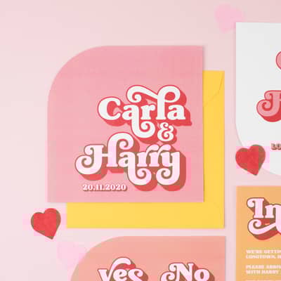 Modern wedding stationery invitation suite inspired by a retro disco style and pink colour scheme