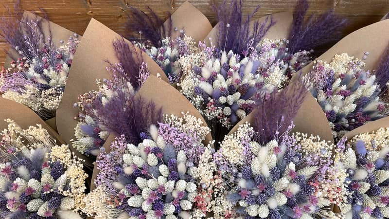 Violet blossom purple and white dried flower bouquet made by willow cottage flowers