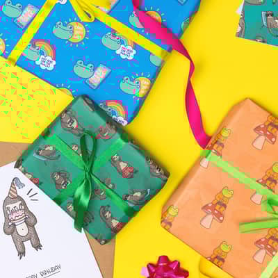 Colourful illustrated cards and wrapping paper